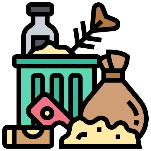 Illustration of a trash bin with a bottle, money, and a bag of trash.