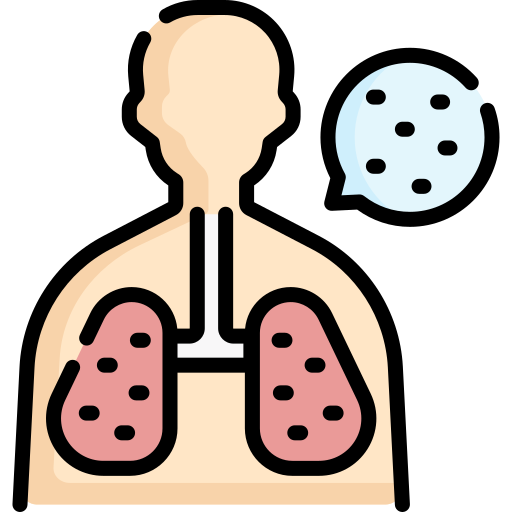 Illustration of a human torso showing lungs with a speech bubble containing black dots.