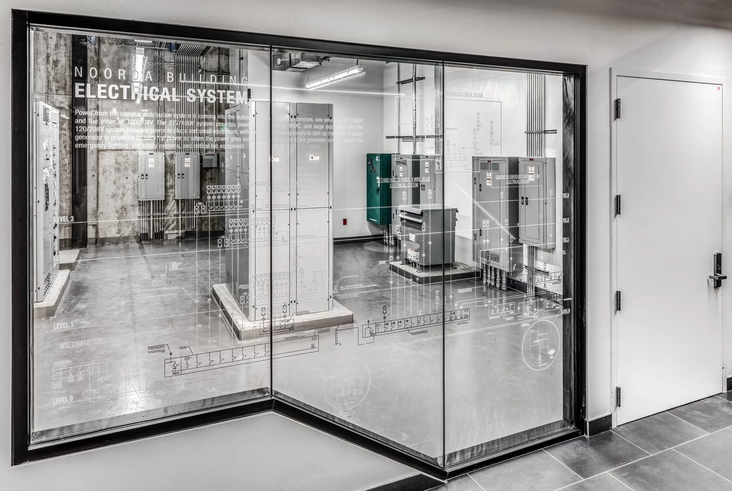 View of an electrical system room behind a glass wall with technical diagrams and labels, showing electrical panels and equipment.