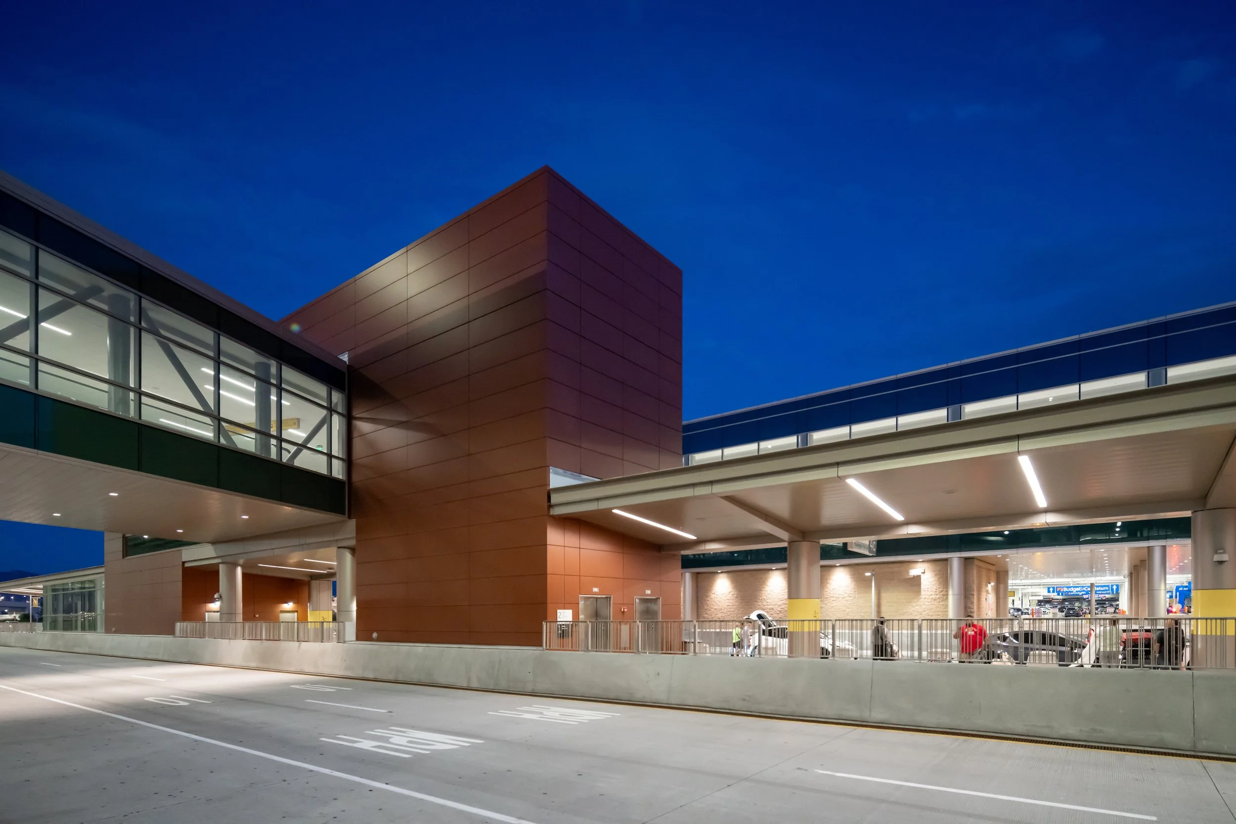 Salt Lake City International Airport terminal exterior at night — aviation electrical and lighting engineering by Lynk Engineers