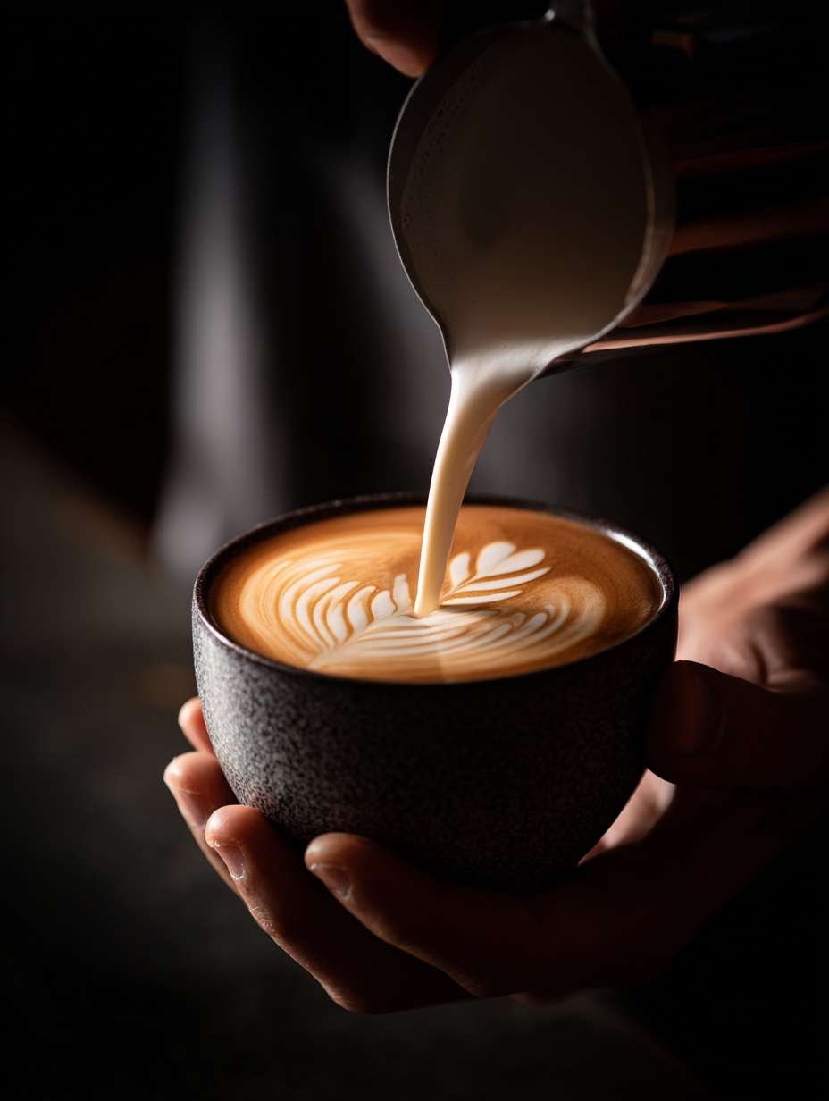 Barista pouring steamed milk into a cup of espresso to create latte art.