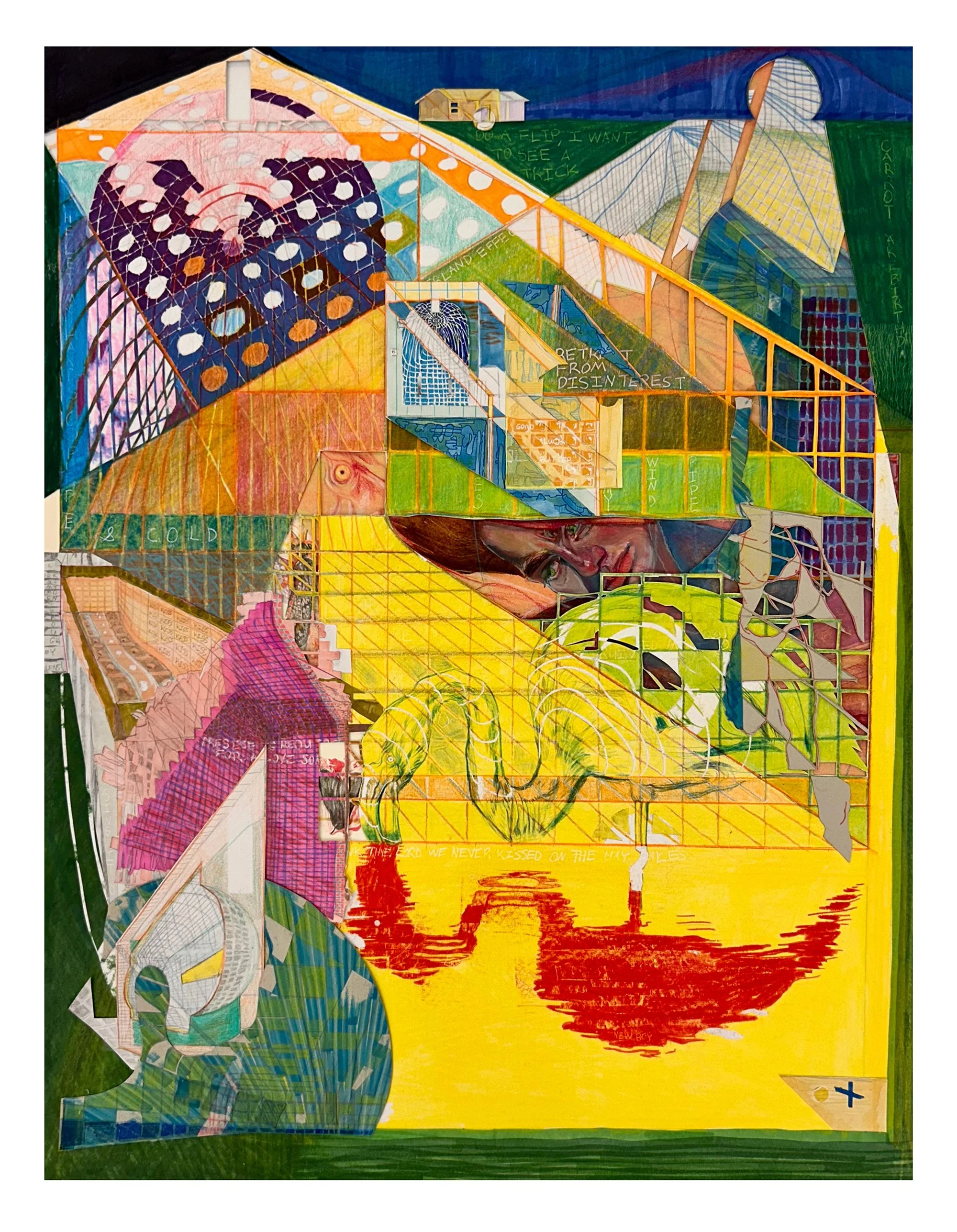 "Pool Party" 2025. Collage of drawings, paintings, and handmade paper (24" x 19")