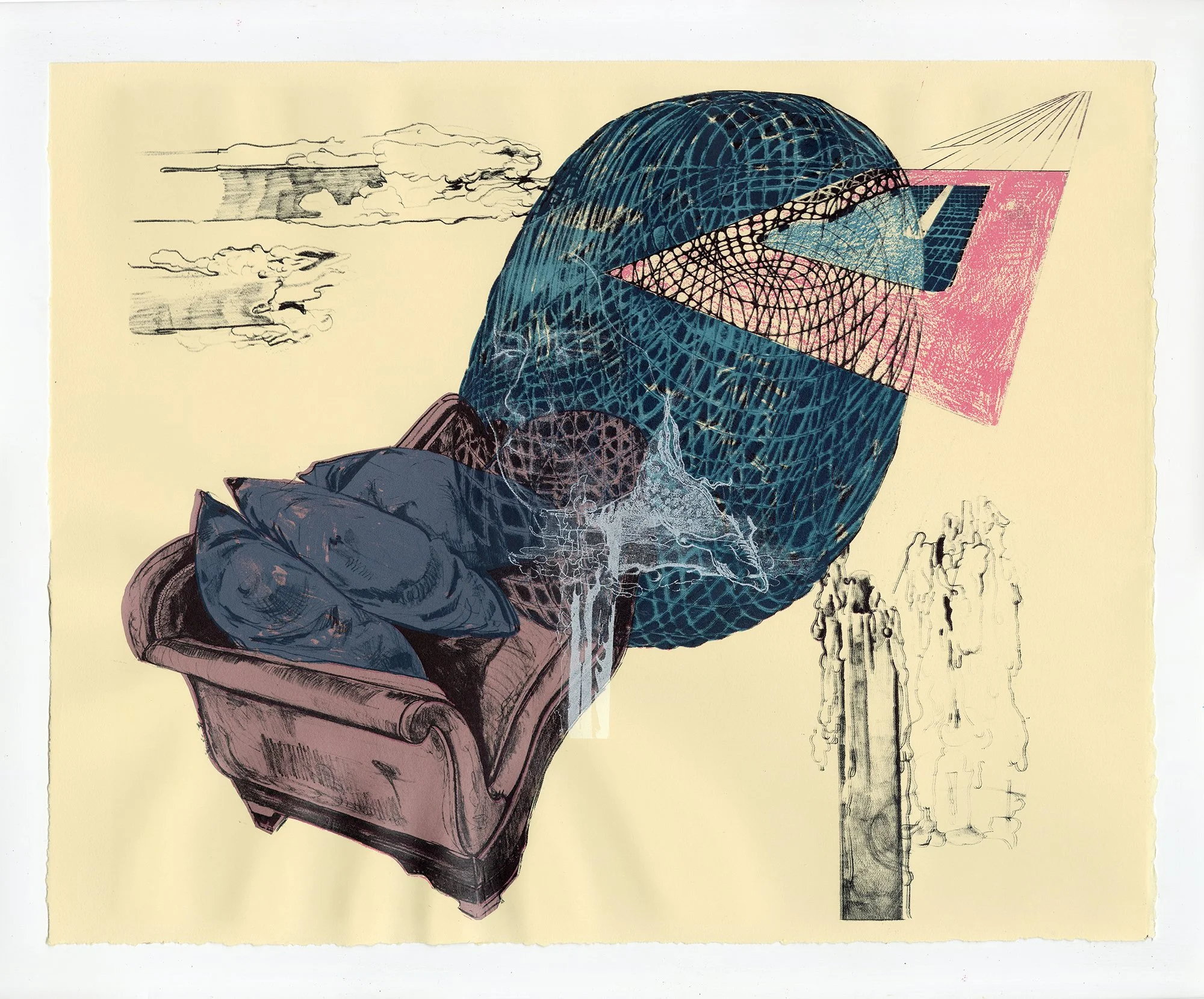 “Give Me All Your Weight” 2026. 
Stone lithograph and screenprint with chine collé (18" x 21”)
