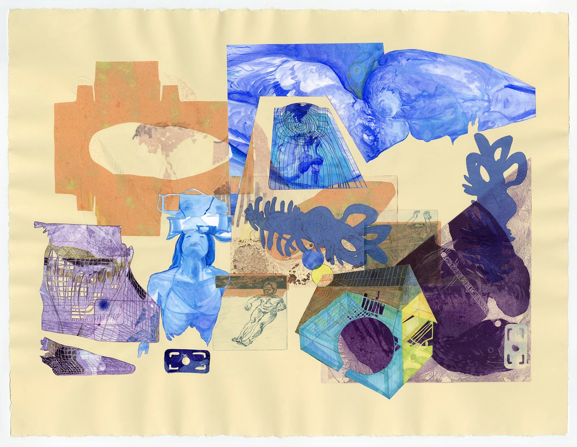 “Nighthawk Devours Plan B (Angerly),” 2026. Printmaking Collage 
(22” x 30”)
