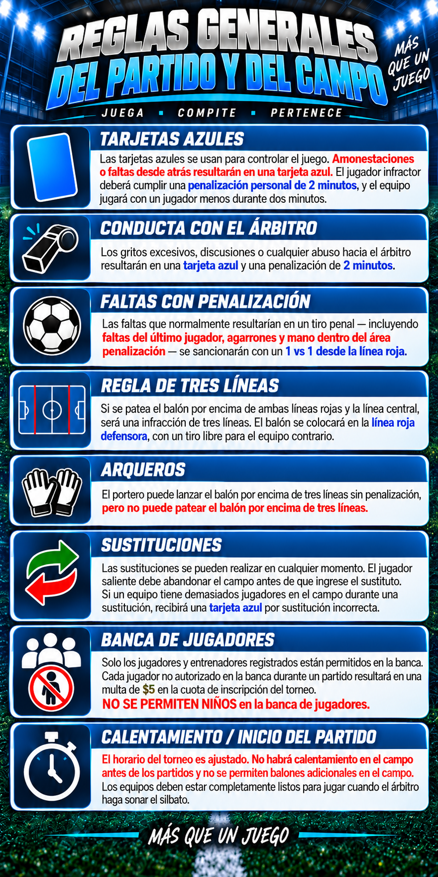 Información del torneo RISE: cierre de plantillas, calzado permitido, llegada 30 minutos antes del partido y registro obligatorio de jugadores.