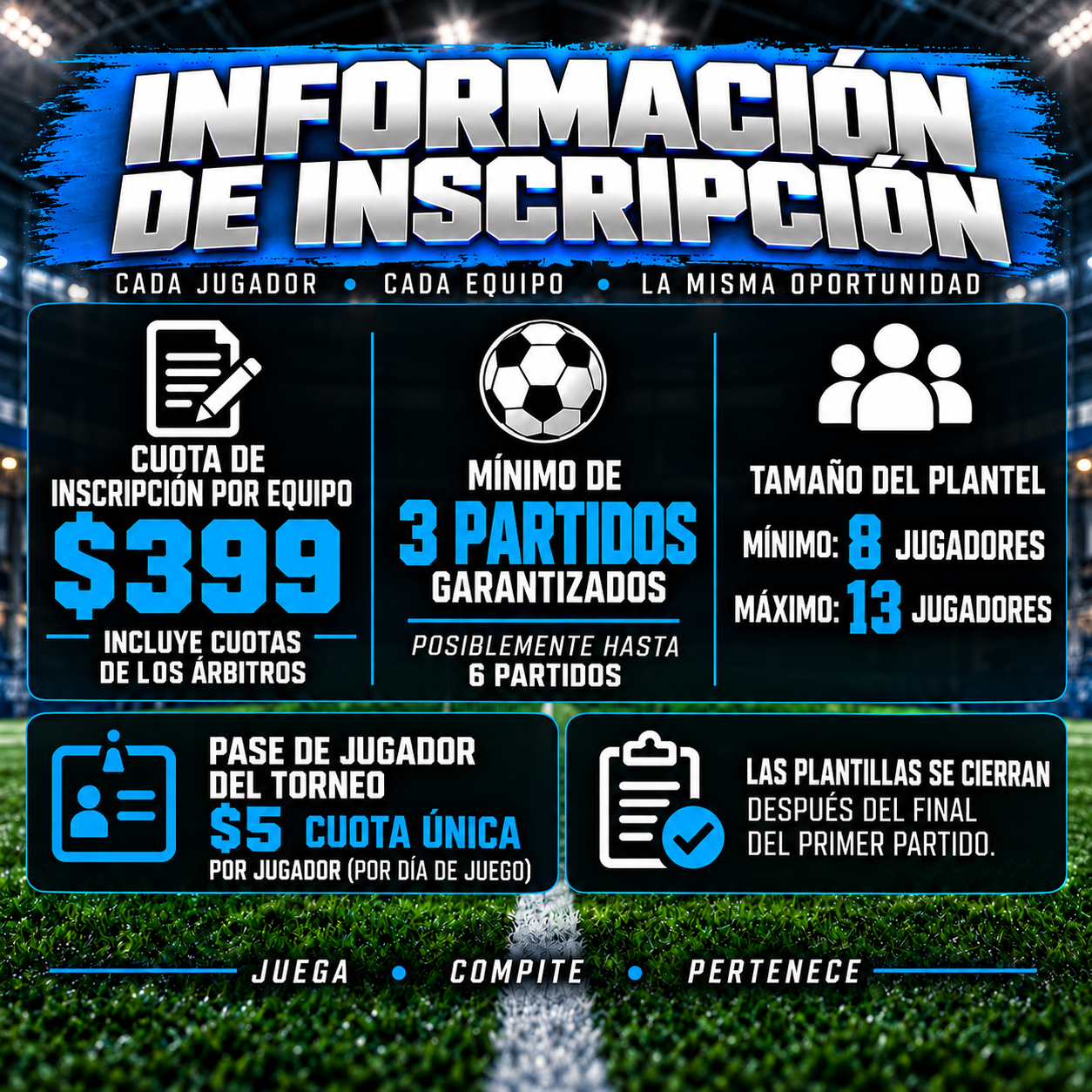 Información de inscripción RISE: costo de $399 por equipo, mínimo de tres partidos garantizados, plantillas de 8 a 13 jugadores y pase de torneo de $5 por jugador.