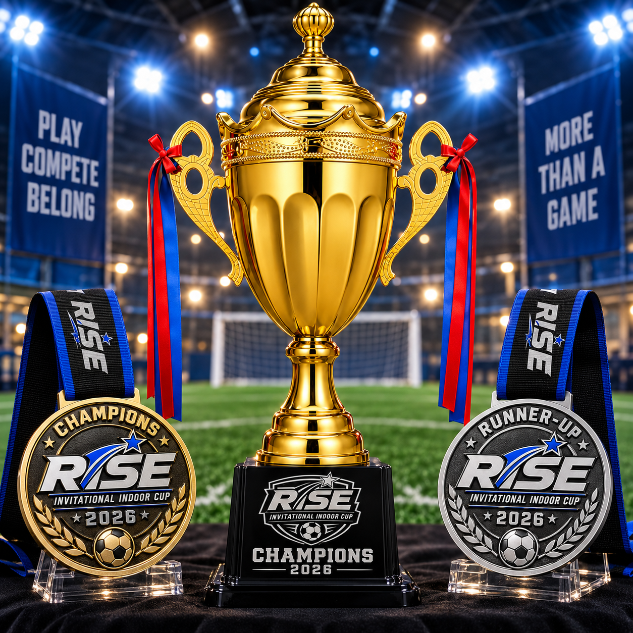 RISE Invitational Indoor Cup Thanksgiving tournament championship awards featuring first, second and third place trophies and medals.