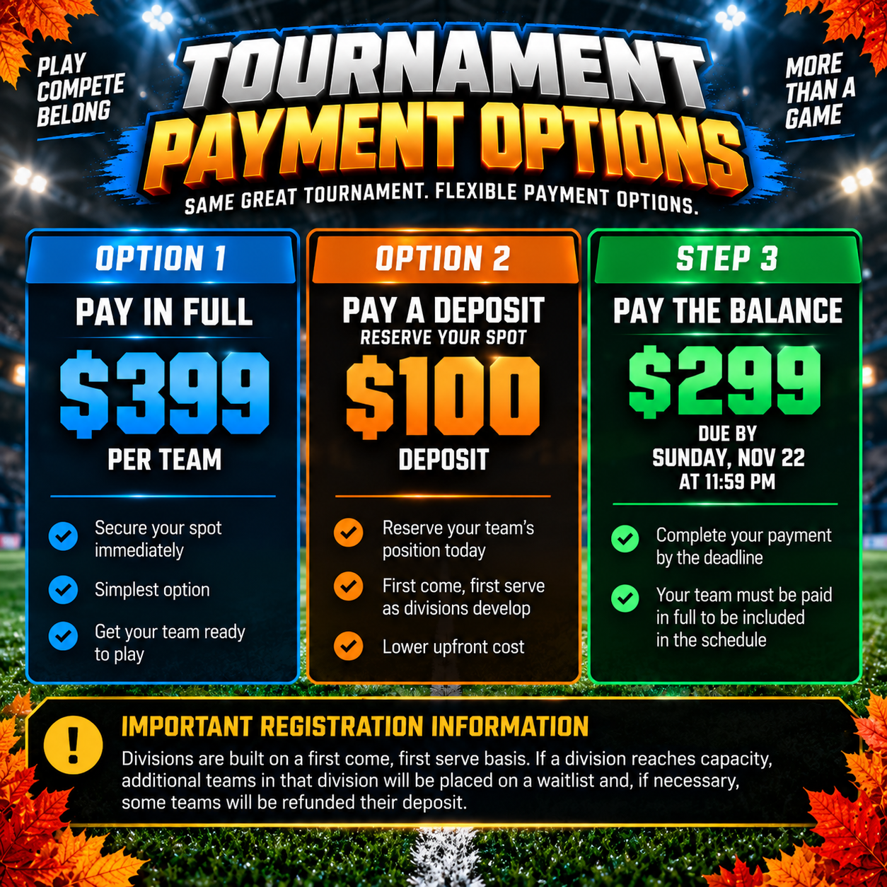 RISE Invitational Indoor Cup Thanksgiving tournament payment options for team registration, including deposit, remaining balance and pay-in-full options.
