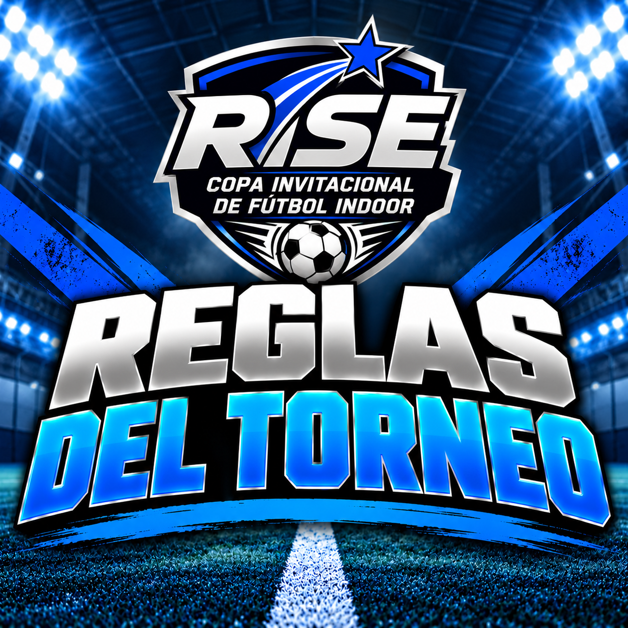 Reglamento general del torneo RISE de fútbol indoor, incluyendo tarjetas azules, faltas, porteros, sustituciones y conducta deportiva.