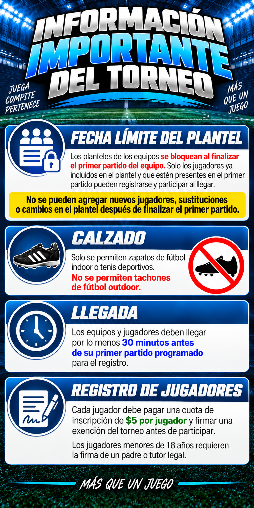 Reglamento general del torneo RISE de fútbol indoor, incluyendo tarjetas azules, faltas, porteros, sustituciones y conducta deportiva.