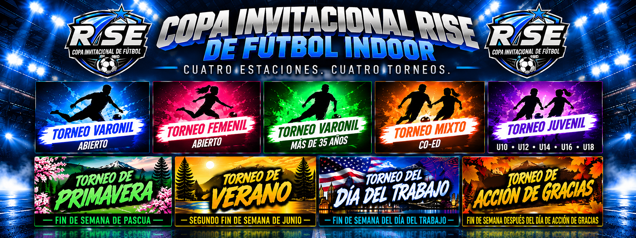 Copa Invitacional RISE de fútbol indoor en Vancouver, Washington, con cuatro torneos de temporada y cinco divisiones para hombres, mujeres, mayores de 35 años, mixtos y juveniles.