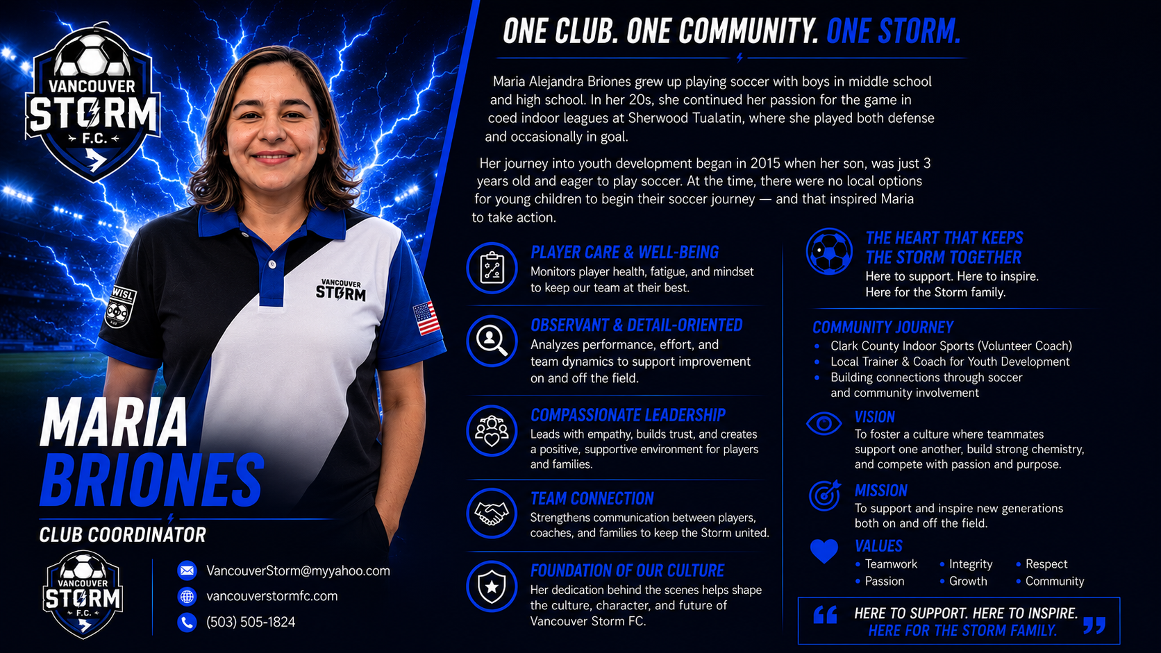 An informational graphic for Vancouver Storm F.C. featuring a woman in a team polo shirt smiling, with lightning in the background and the team logo. The graphic includes her name, Maria Briones, and details about her role as club coordinator along with a detailed description of her background, values, and team philosophy.