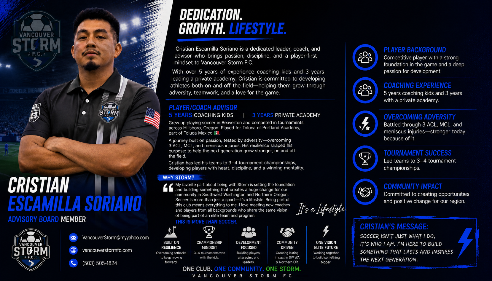 A biography and team profile poster for Cristiano Escamilla Soriano, a coach and member of Vancouver Storm FC. The poster highlights his dedication to soccer, coaching experience, overcoming adversity, tournament success, community impact, and personal message about building inspiring things. The design includes the team logo, a photo of Cristiano with crossed arms, contact information, and icons representing resilience, mindset, development, community, and future goals.