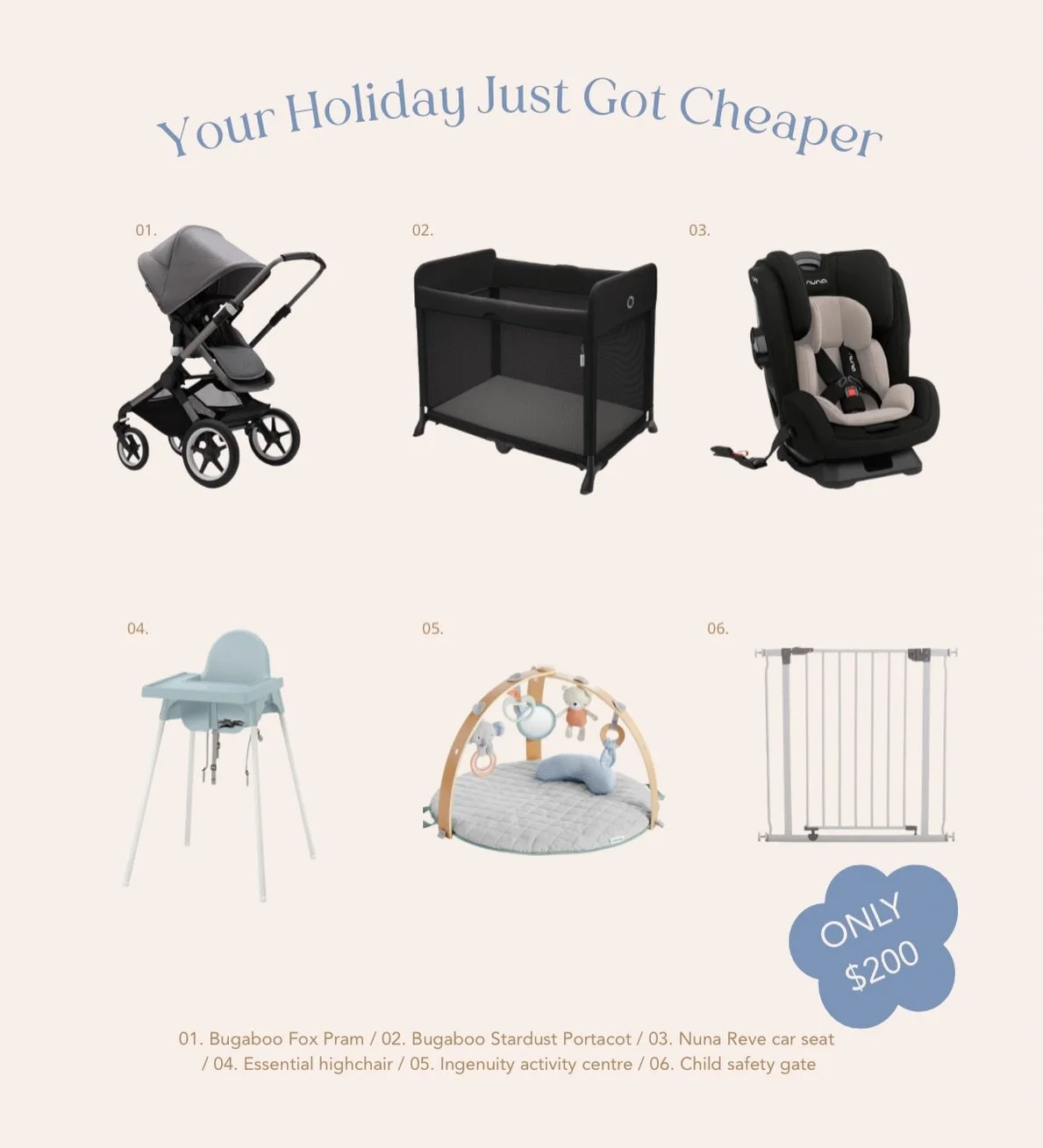 OH MY Your weekend away just got cheaper 👶🏼🌴

Imagine arriving to your holiday with:

✔️ Premium pram
✔️ Luxe portacot
✔️ Nuna car seat professionally installed
✔️ Highchair
✔️ Activity centre
✔️ Safety gate

All delivered.
All set up.
All install