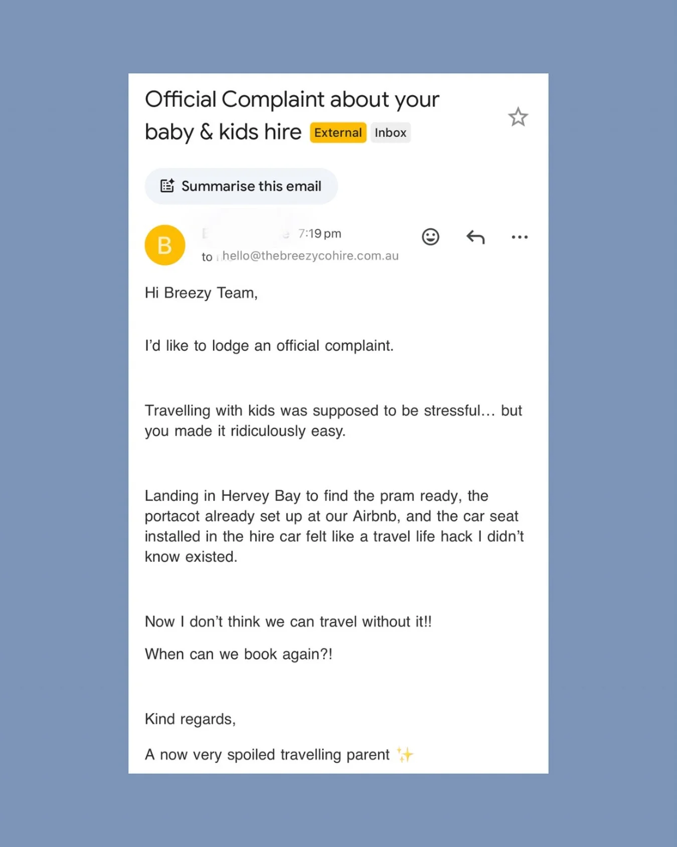 Hey team, just received this email about a customer complaint email, what do we do&hellip; 😳

Apparently travelling with kids was supposed to be stressful.

But landing in Hervey Bay to find
&bull; the pram ready
&bull; the portacot already set up a