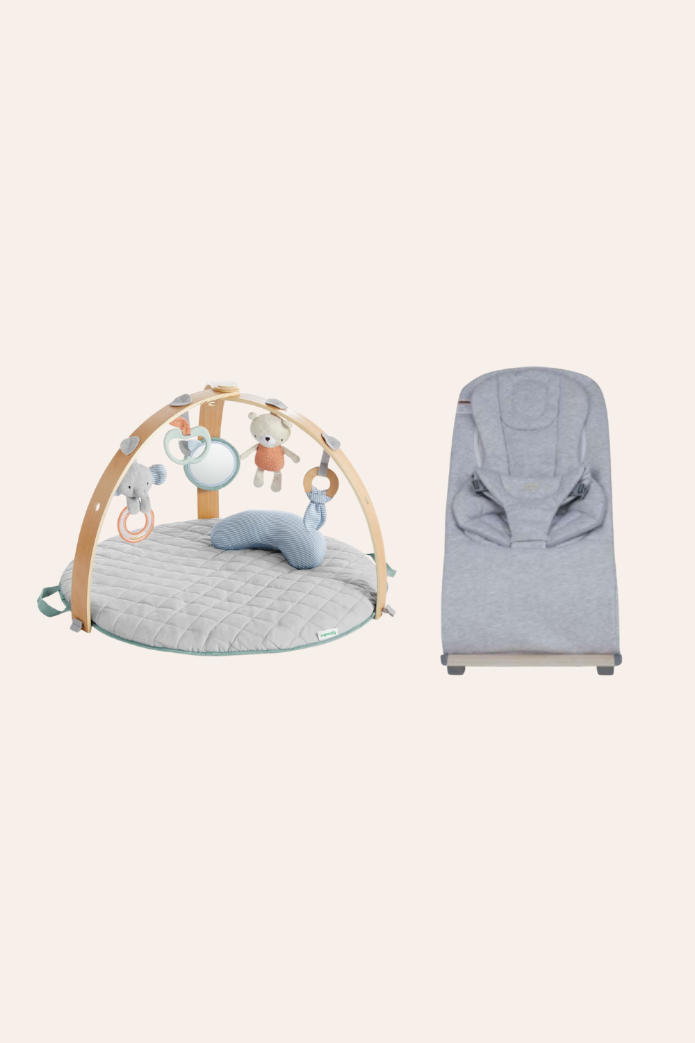 A baby play gym with hanging toys and a cushioned mat next to a gray baby bouncer seat.