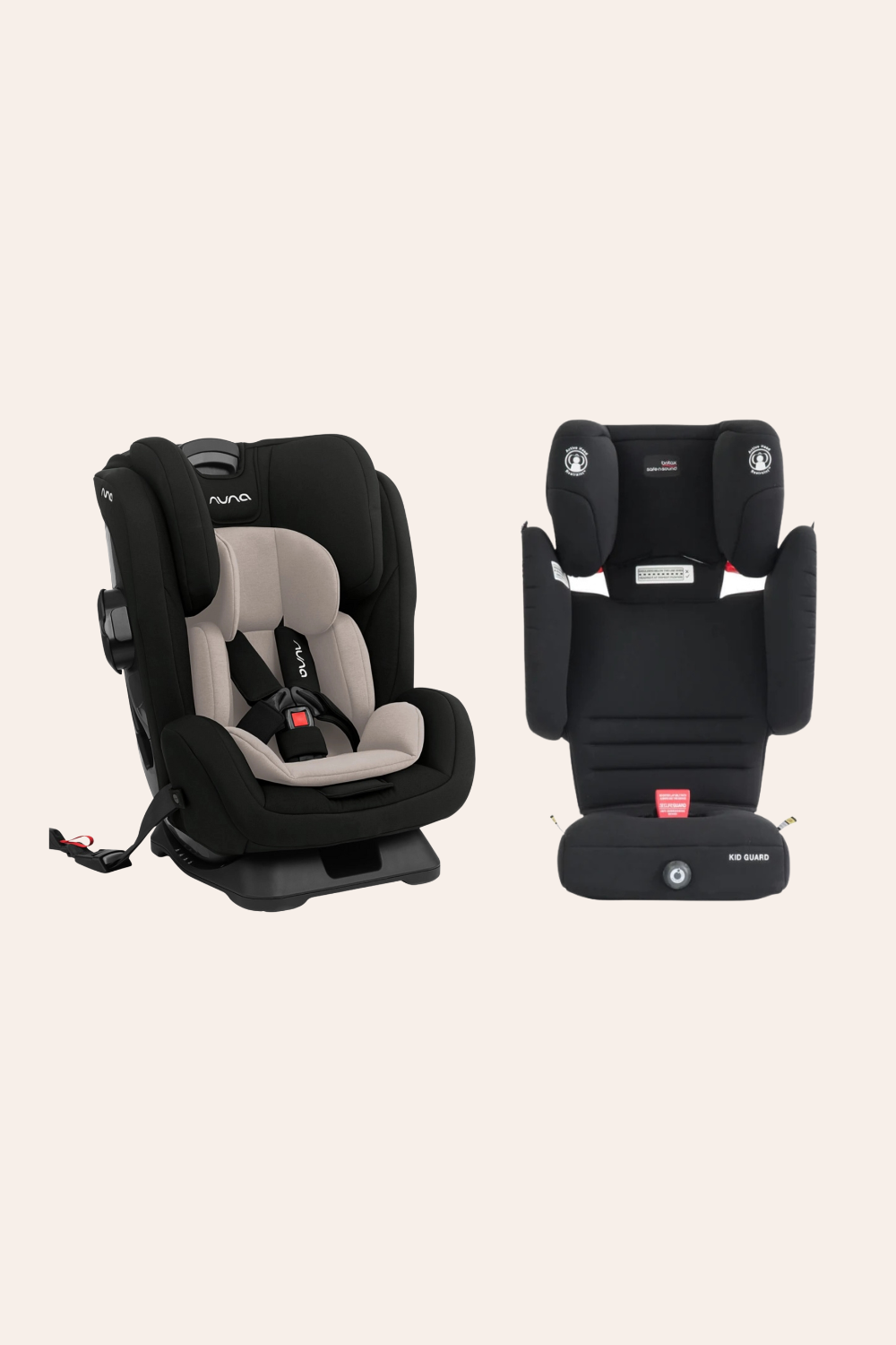 Two car seats for children, one black with beige interior and one entirely black, placed on a plain light background.