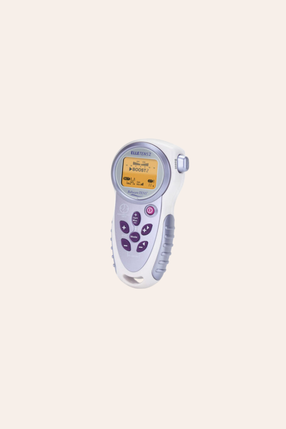Handheld medical device, likely a TENS or EMS pain relief or therapy unit, with a digital display and purple control buttons, against a plain light background.