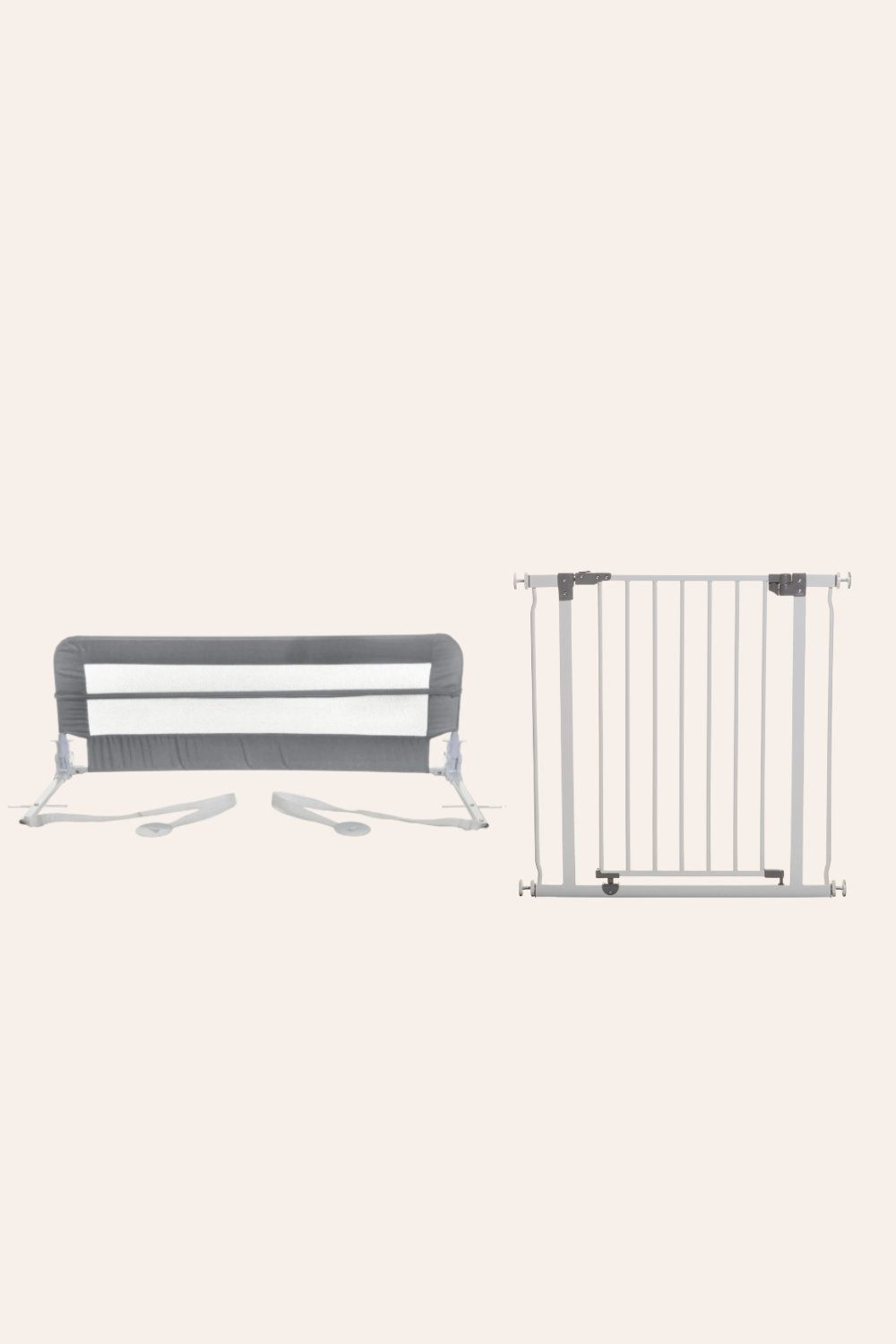 Baby bassinet and safety gate on a plain white background.