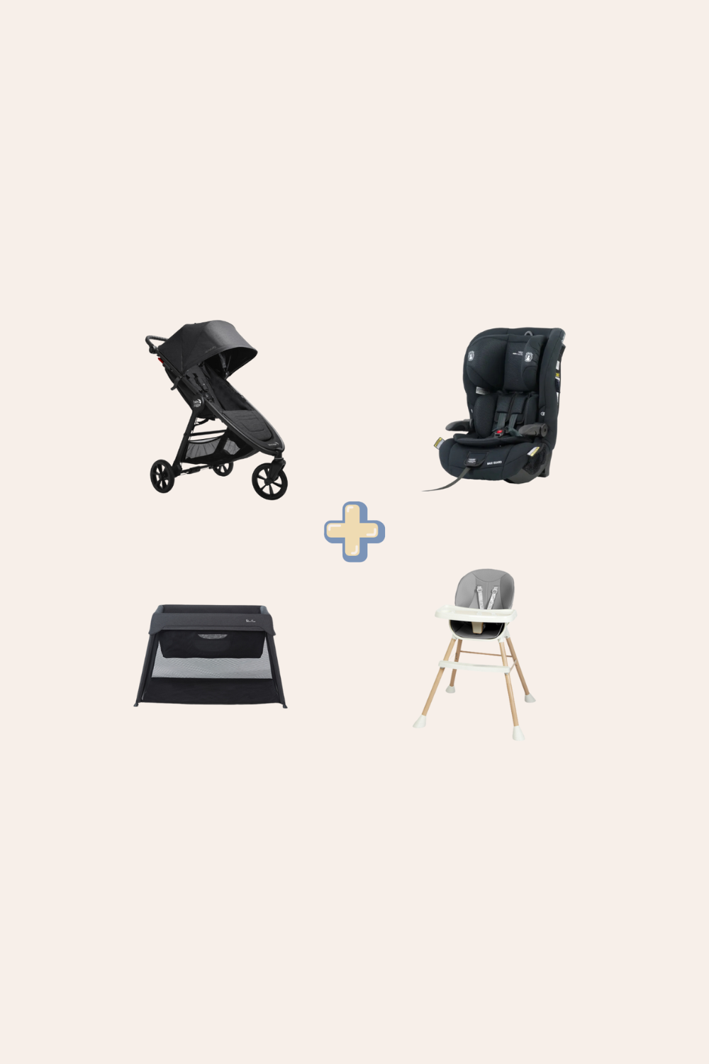A collage of four baby products: a black baby stroller, a black car seat, a black playpen, and a gray high chair, arranged in a grid with a plus sign in the center.