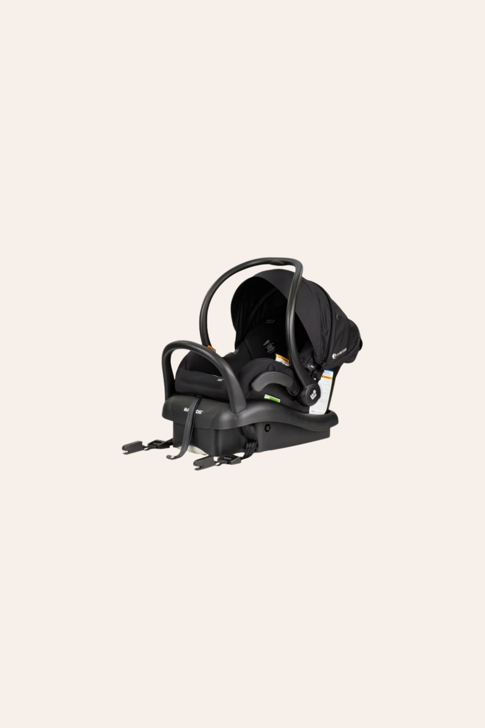 Black infant car seat with canopy and handle, isolated on light background.