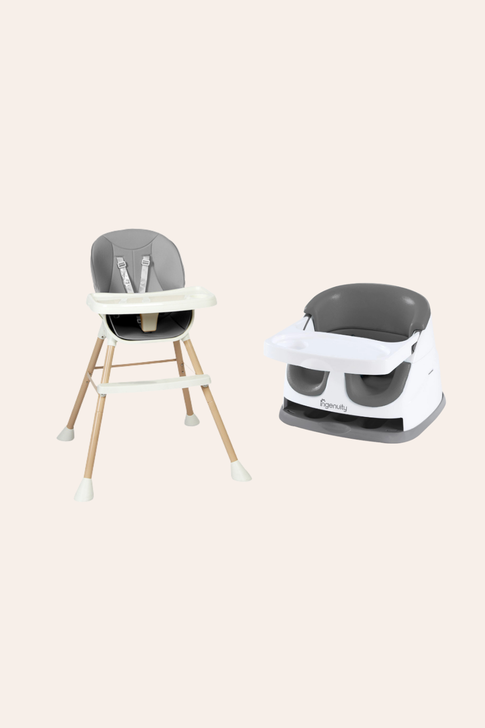 Two modern high chairs for babies, one gray and beige with a tray, the other white with a gray cushioned seat, on a beige background.