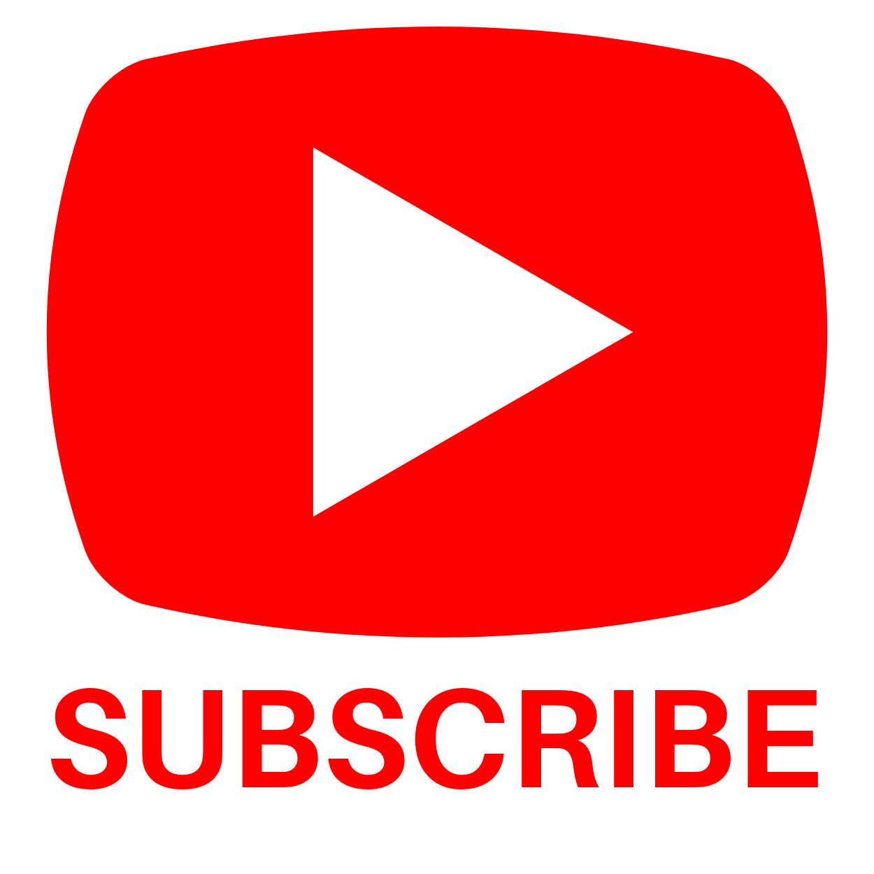 YouTube subscribe button with a red rounded rectangle, white triangle play icon, and 'SUBSCRIBE' written below in red uppercase letters.