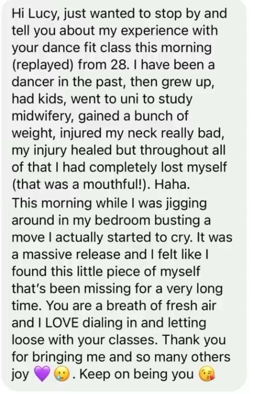 A screenshot of a heartfelt message about personal growth, fitness, and emotional release, written in black text on a white background.