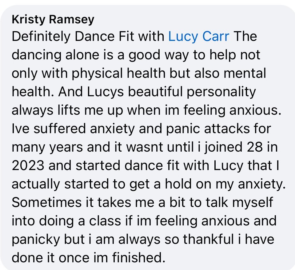 A screenshot of a testimonial about dance fit with Lucy Carr, mentioning Kristy Ramsey's positive experience with anxiety and panic attacks.
