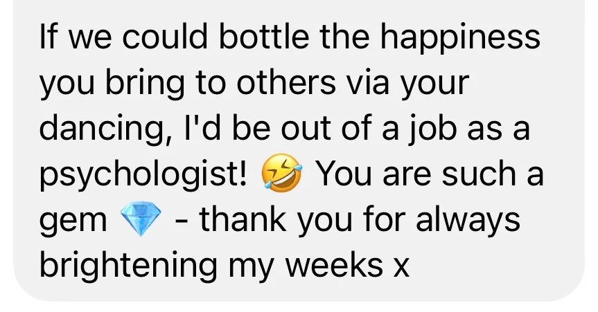 Text message with humorous and affectionate message including emojis: laughing with tears, and a diamond, expressing gratitude and admiration.