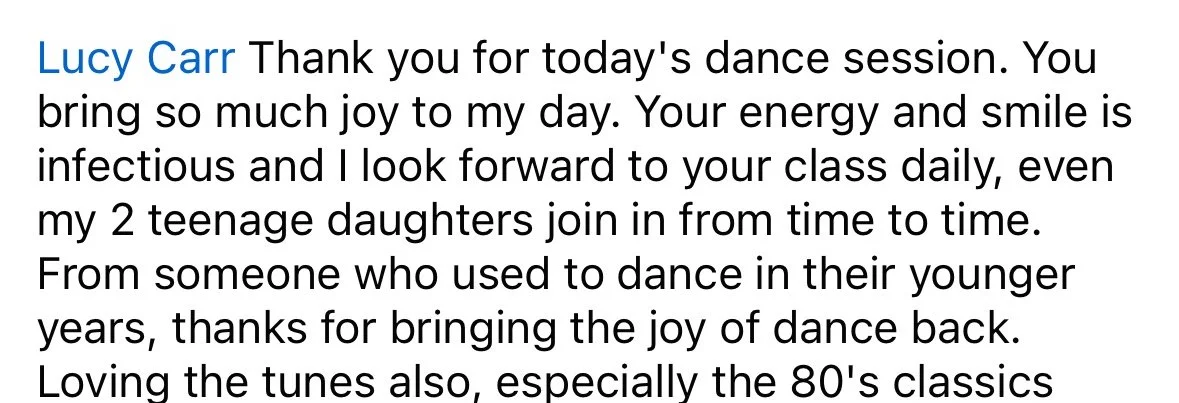 An email or message from Lucy Carr expressing gratitude for a dance session and sharing personal feelings about dance and music.