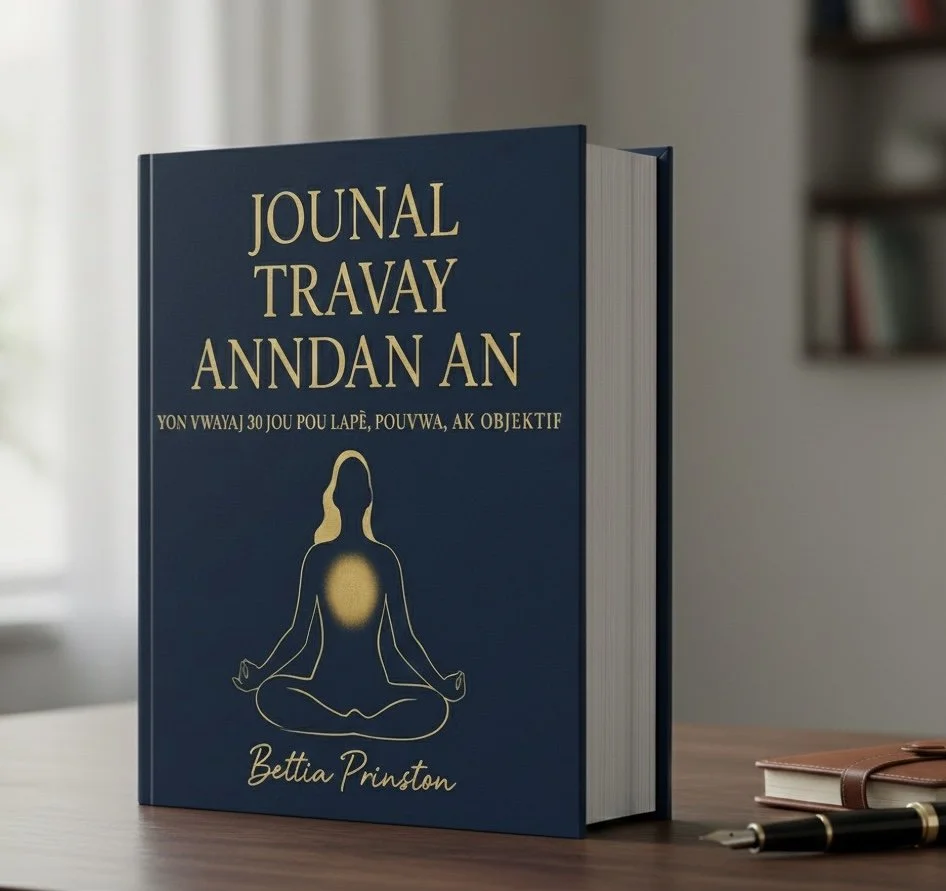 A hardcover book titled "JOURNAL TRAVAY ANNDAN AN" with subtitle "YON WYAJA 30 JOU POU LAPÈ, POUWWA, AK OBJETIF" and author name "Bettia Prinston," placed on a wooden desk next to a pen and a small notebook, with a blurred bookshelf and window in the background.