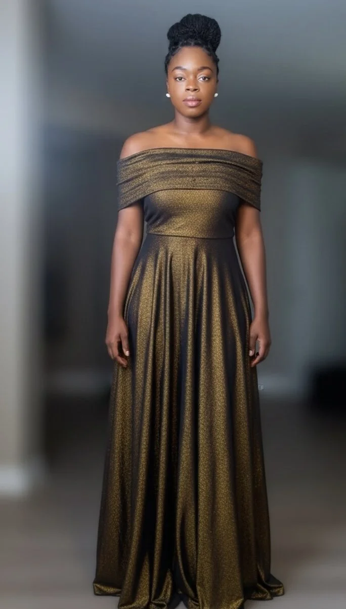 A woman in an off-the-shoulder gold and black gown standing indoors against a blurred background.