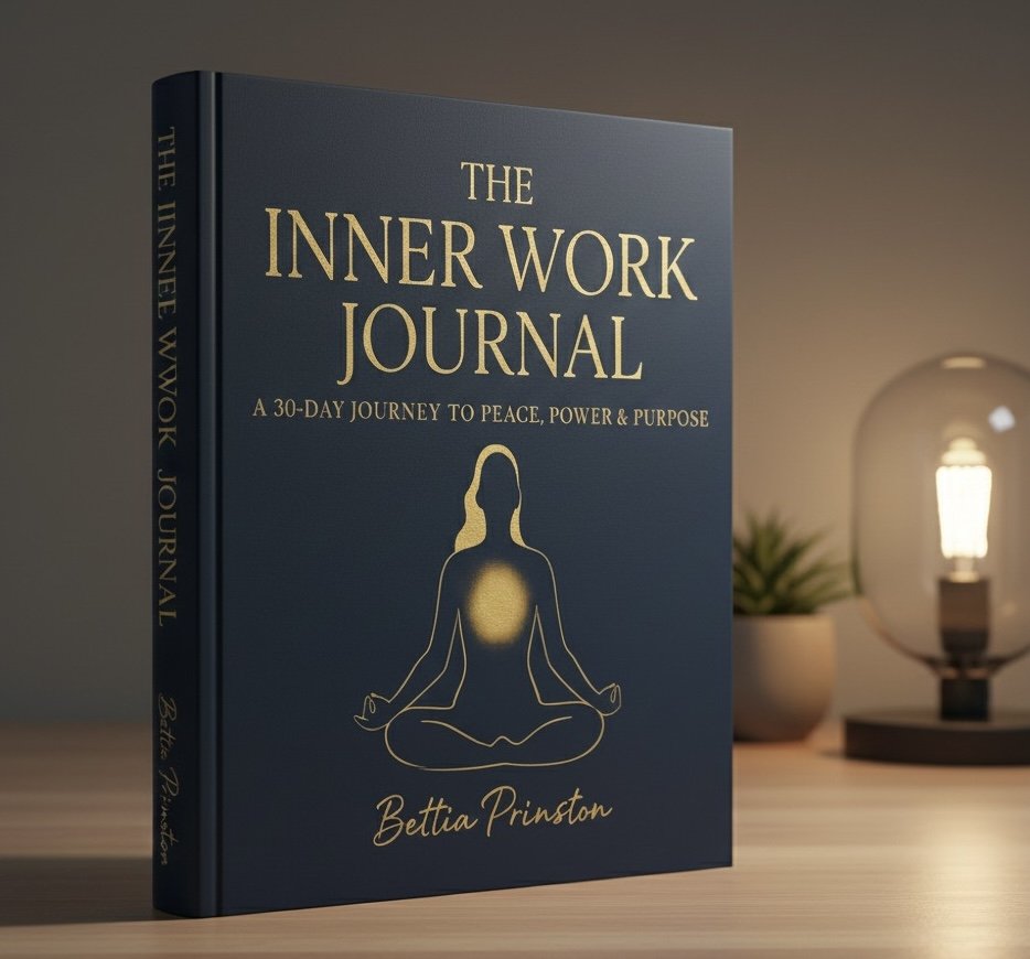 A book titled 'The Inner Work Journal' by Bettia Prinston is standing on a wooden surface, with a lamp and a small potted plant in the background.