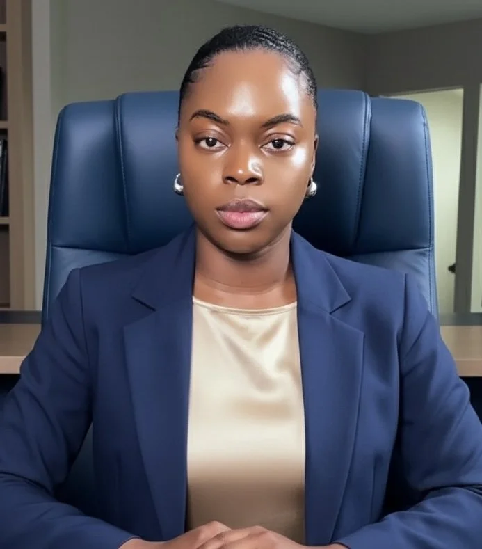 A professional woman sitting at a desk in an office, wearing a navy blazer and a beige top.