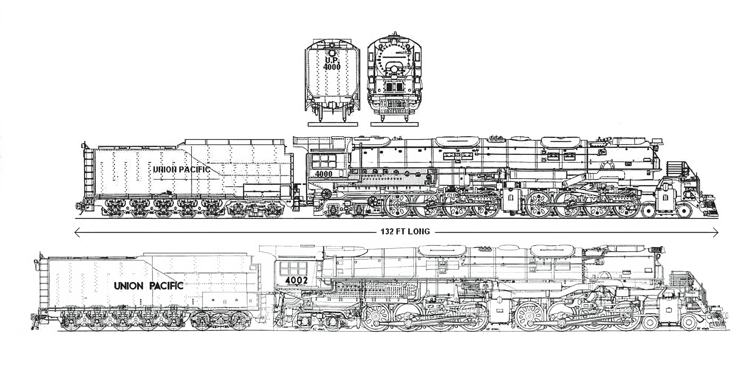 Blueprint drawing of a Union Pacific locomotive with detailed mechanical components, top and side views, length 132 feet.