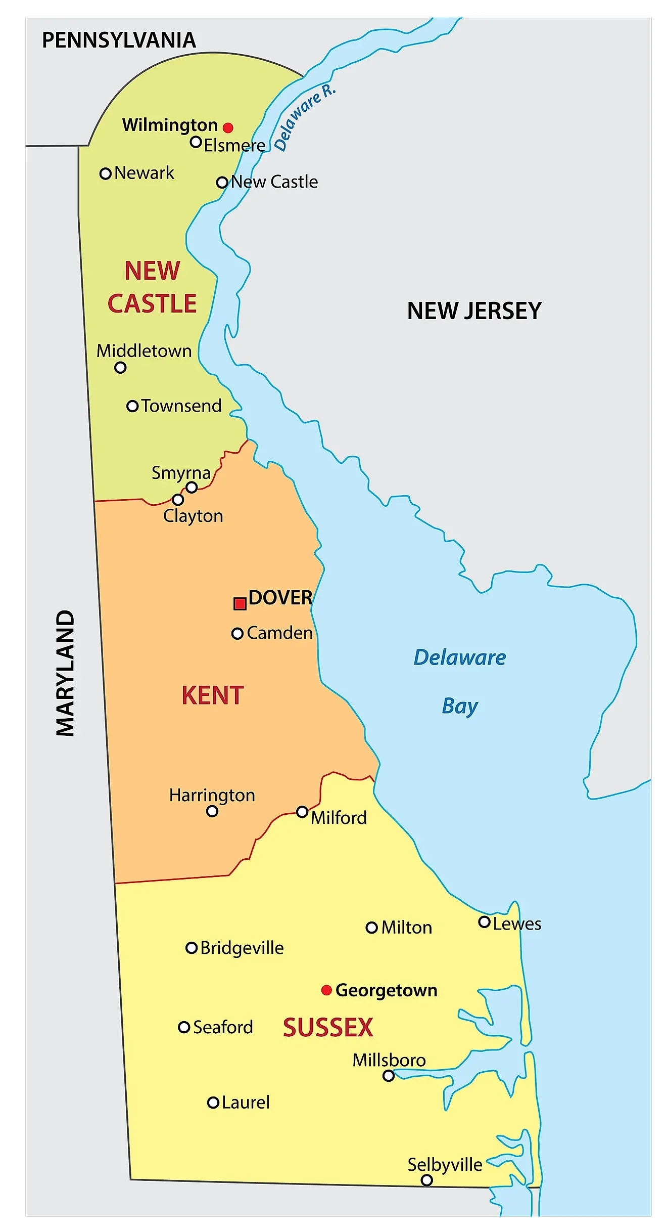 Map of the state of Delaware with counties color-coded and labeled. Major cities and towns such as Wilmington, Dover, and Georgetown are marked. Surrounding states Pennsylvania, Maryland, and New Jersey are partially visible. The Delaware River and Delaware Bay are shown along the state's eastern border.