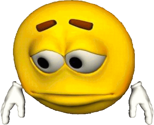 A yellow emoji with a sad or disappointed facial expression, eyebrows furrowed, and looking down, with white gloves on its hands.