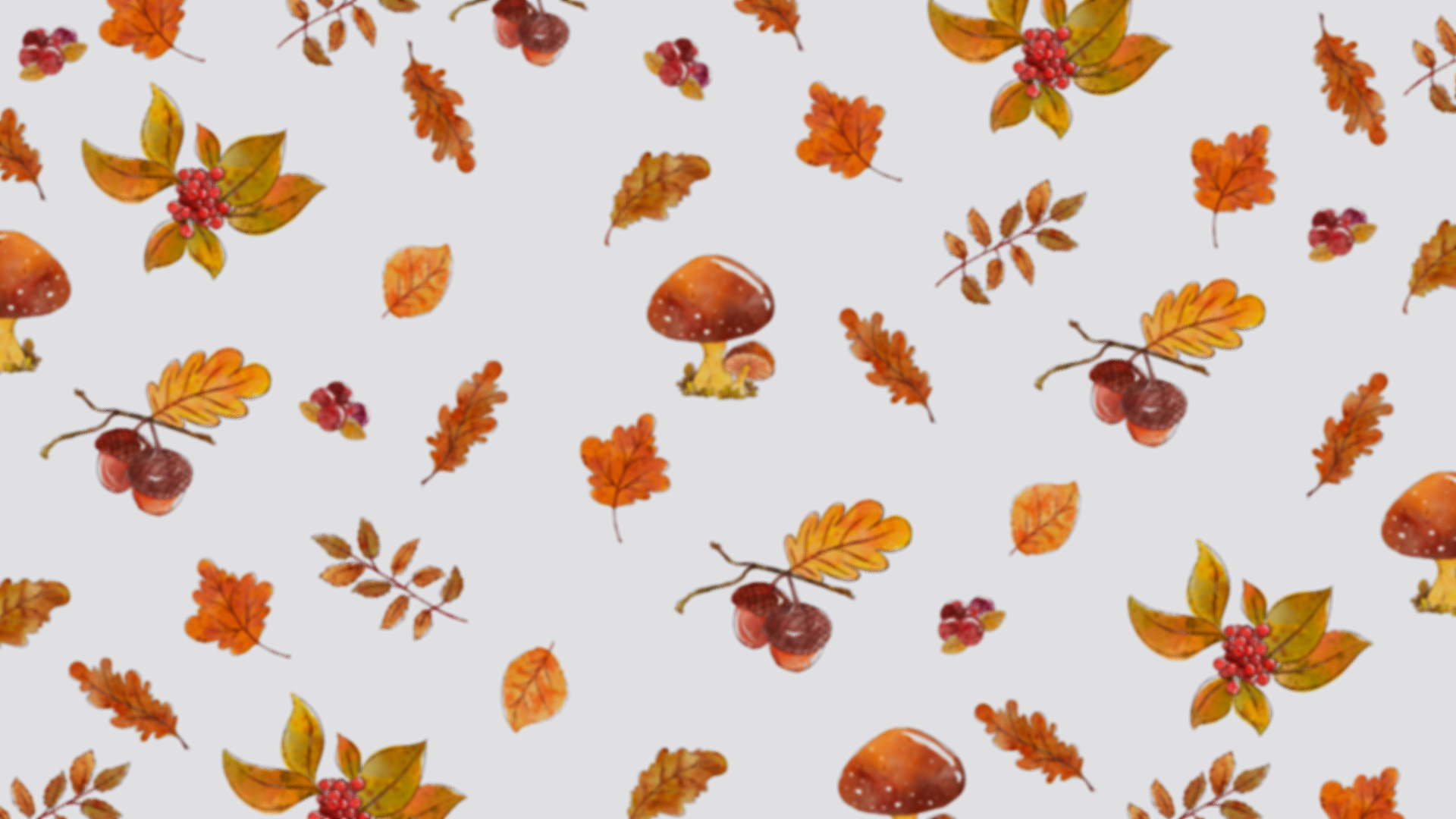 Pattern of autumn leaves, red berries, mushrooms, and acorns on a light background.