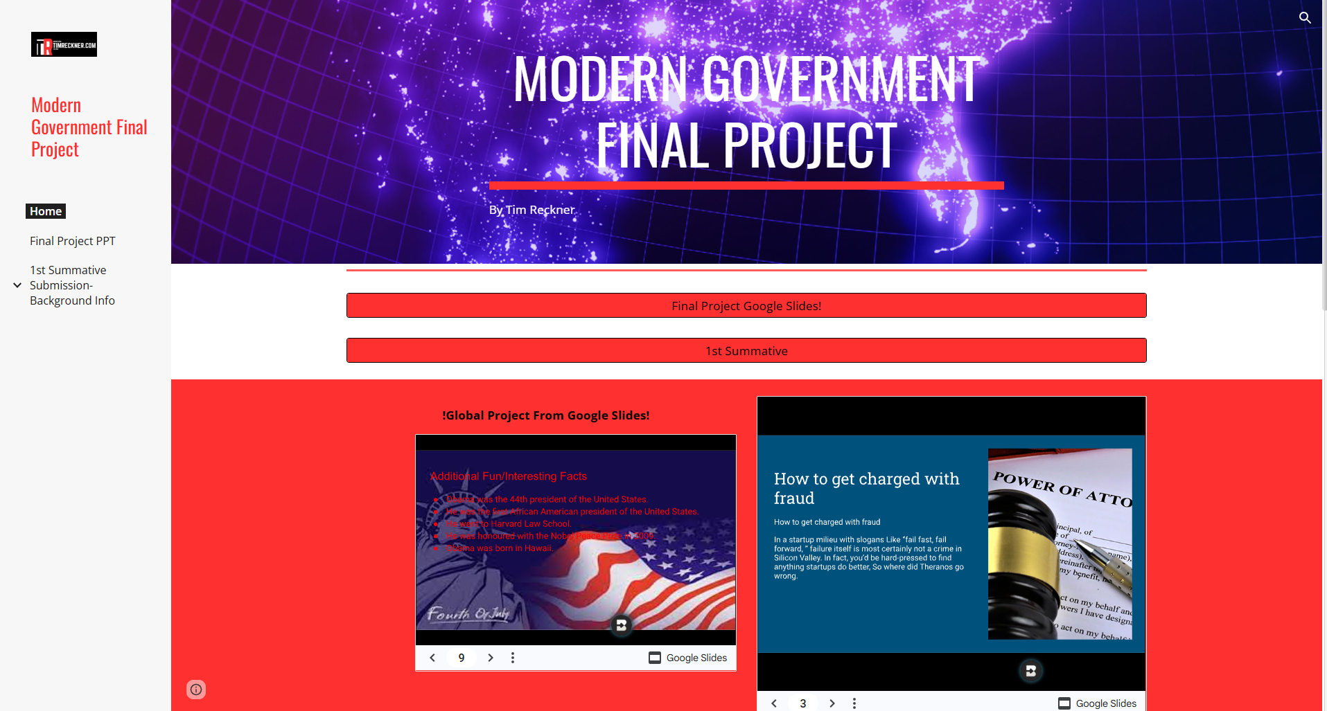 A webpage featuring a presentation titled 'Modern Government Final Project' with a world map illuminated in purple and white, and sections with red and blue backgrounds displaying text and images about various topics, including a project and a presentation slide.