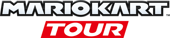 Mario Kart Tour logo with bold black and white text and a red banner.