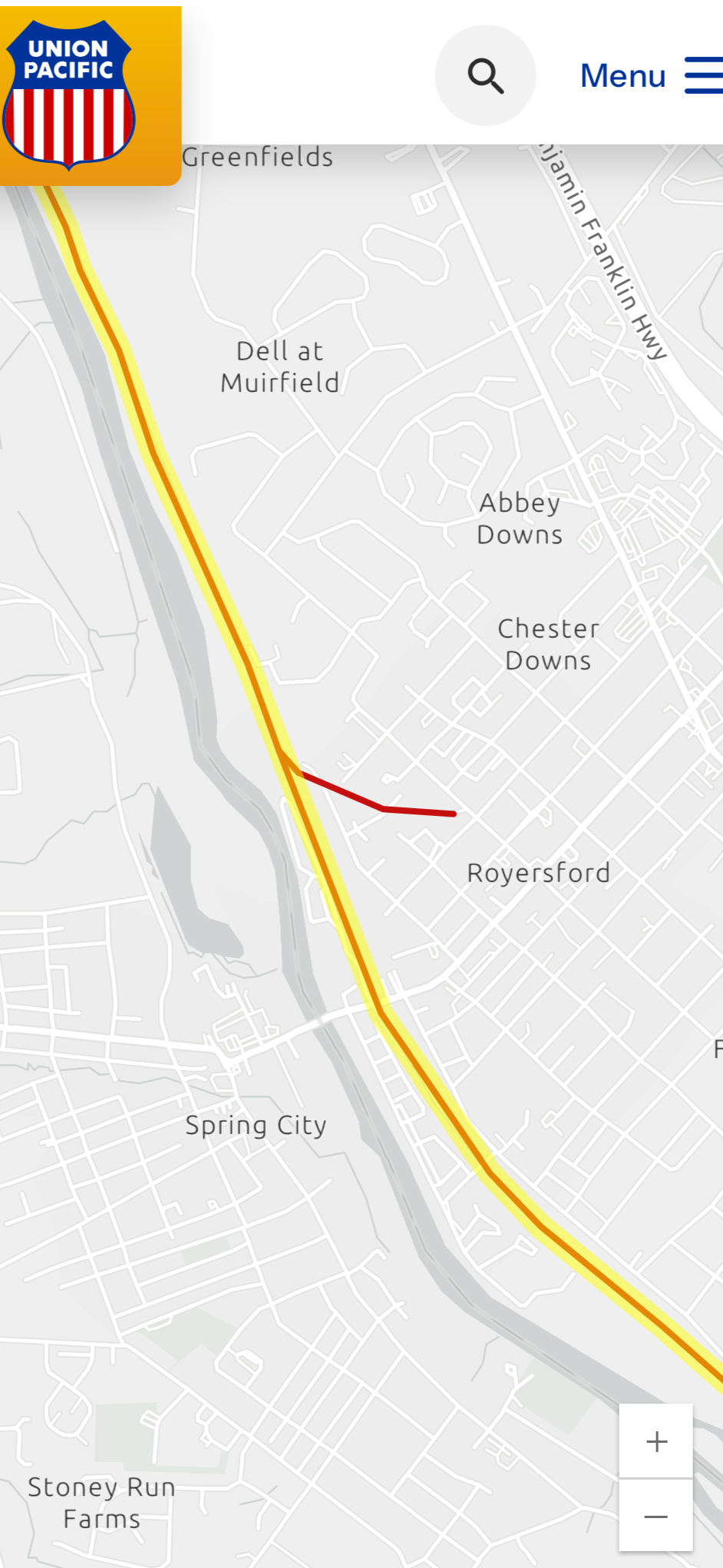 Map showing road conditions near Royersford, Pennsylvania, with a yellow and red line indicating traffic flow, and an area of congestion or slow traffic.