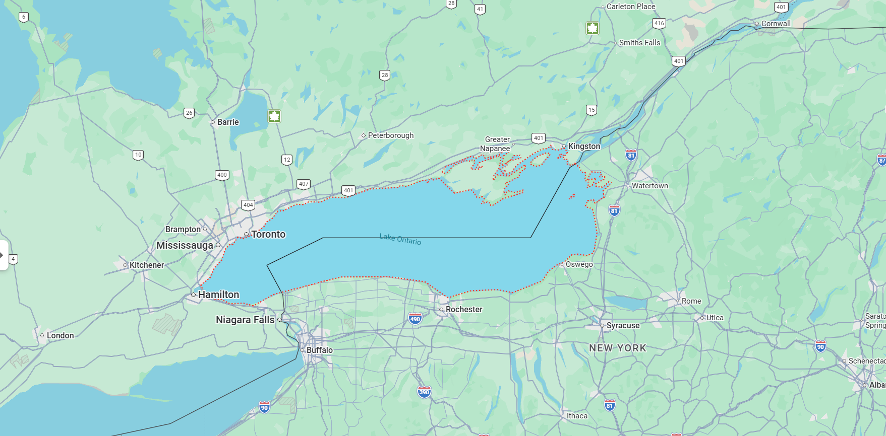Map of Lake Ontario showing surrounding cities including Toronto, Hamilton, and Rochester, with the lake's boundary marked in red and labeled in the center.
