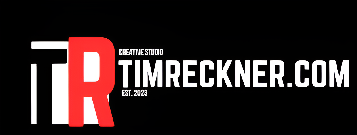 Logo for TIMRECKNER.COM with large red letter 'R', white text 'CREATIVE STUDIO', black background, and smaller white text 'EST. 2023' and 'TIMRECKNER.COM'.