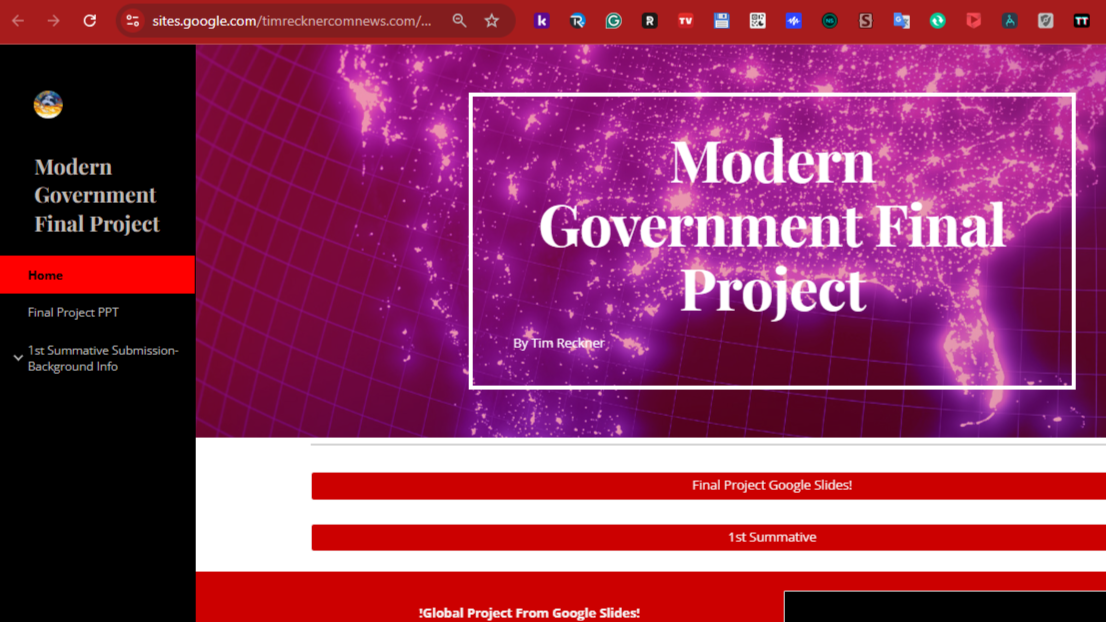 Screenshot of a website titled 'Modern Government Final Project' with a purple map background. The site has a black sidebar menu with options like Home, Final Project PPT, and subsections. The main section has red buttons with white text, including 'Final Project Google Slides!' and '1st Summative'.