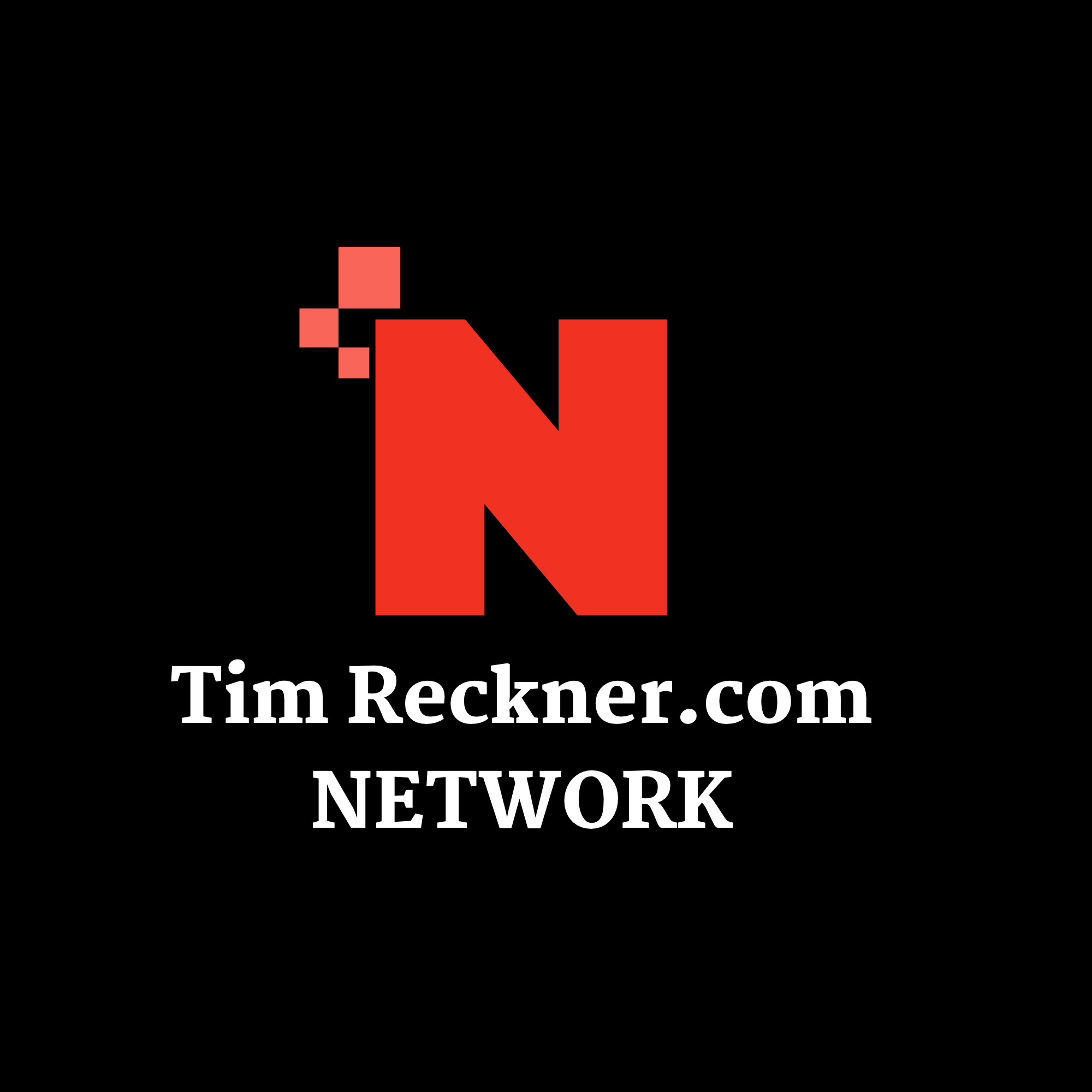 Bold black background with a large red letter "N" with pixel accents, with white text beneath reading "Tim Reckner.com NETWORK"
