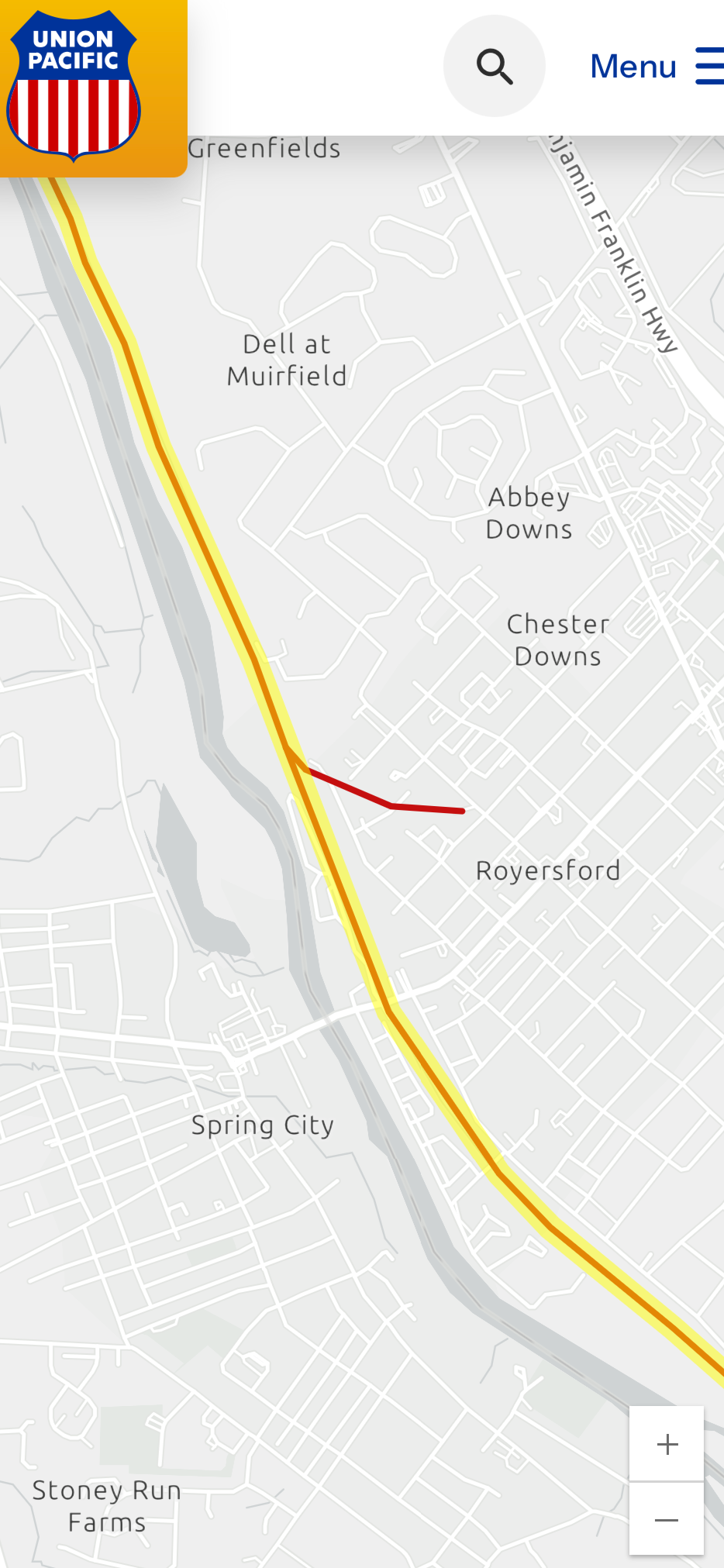 Map showing traffic conditions on a highway near Ryersford, Spring City, and Stoney Run Farms. The highway has yellow and red segments indicating slow or stopped traffic.