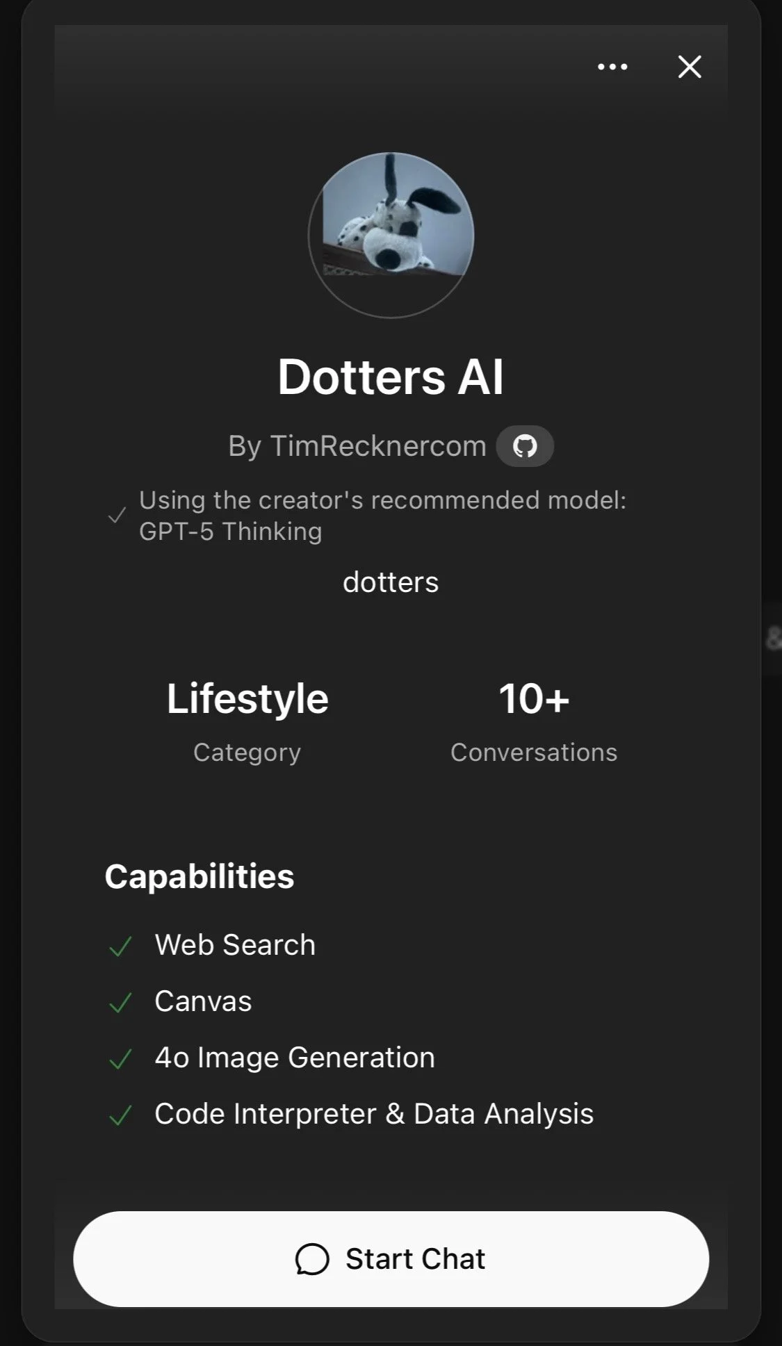 A screenshot of a chatbot app interface with a user named Dotters AI, featuring a profile picture of a plush Dalmatian dog toy. The app lists capabilities like web search, canvas, image generation, and data analysis, and offers a start chat button.