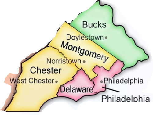 Map of Pennsylvania counties highlighting Bucks, Montgomery, Chester, Delaware, and Philadelphia along with surrounding areas.