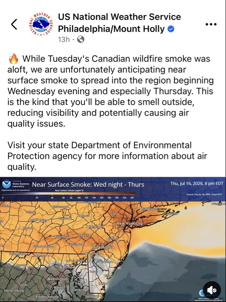 Map showing predicted surface smoke levels near Philadelphia from Wednesday night to Thursday, with high concentrations of smoke in orange and darker shades, indicating poor air quality due to wildfire smoke.